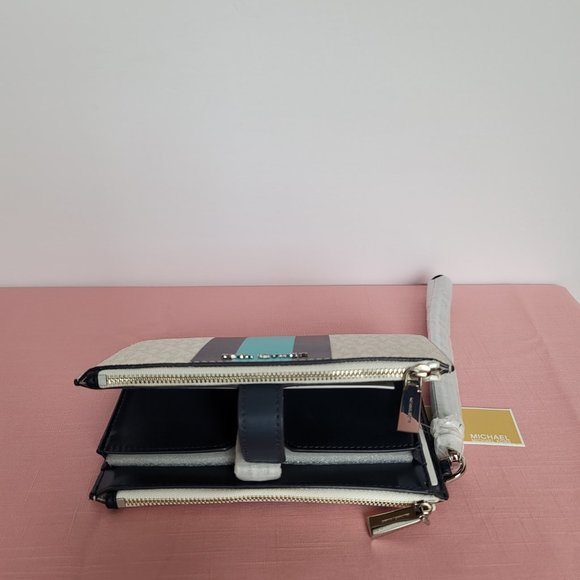 MICHAEL KORS Jet Set Double Zip Signature Phone Wristlet-Ocean Blue Mult 🎈$108⭐ - Picture 8 of 16